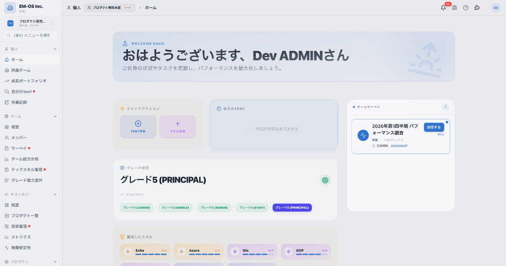 EM-OSのダッシュボード画面：1on1ログ、スキルラダー、Four Keysメトリクスを一元管理するインターフェース